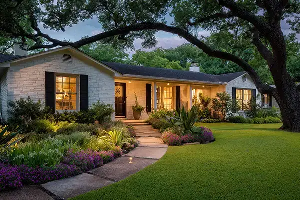 Home exterior with lights on