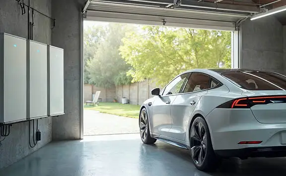 Home battery packs on interior garage wall