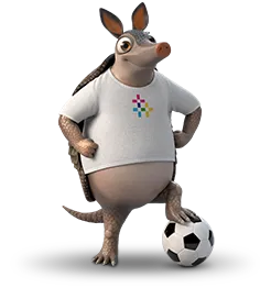 Hugo standing with one foot on soccer ball