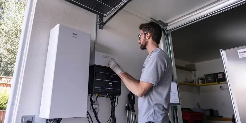 Technician installing a battery storage system