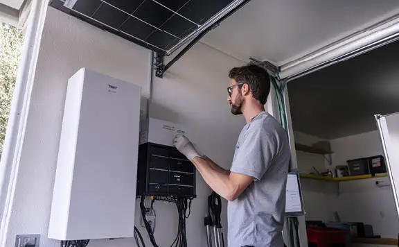 Technician installing a battery storage system