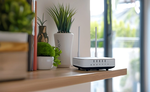 Wi-fi extender router sitting on shelf