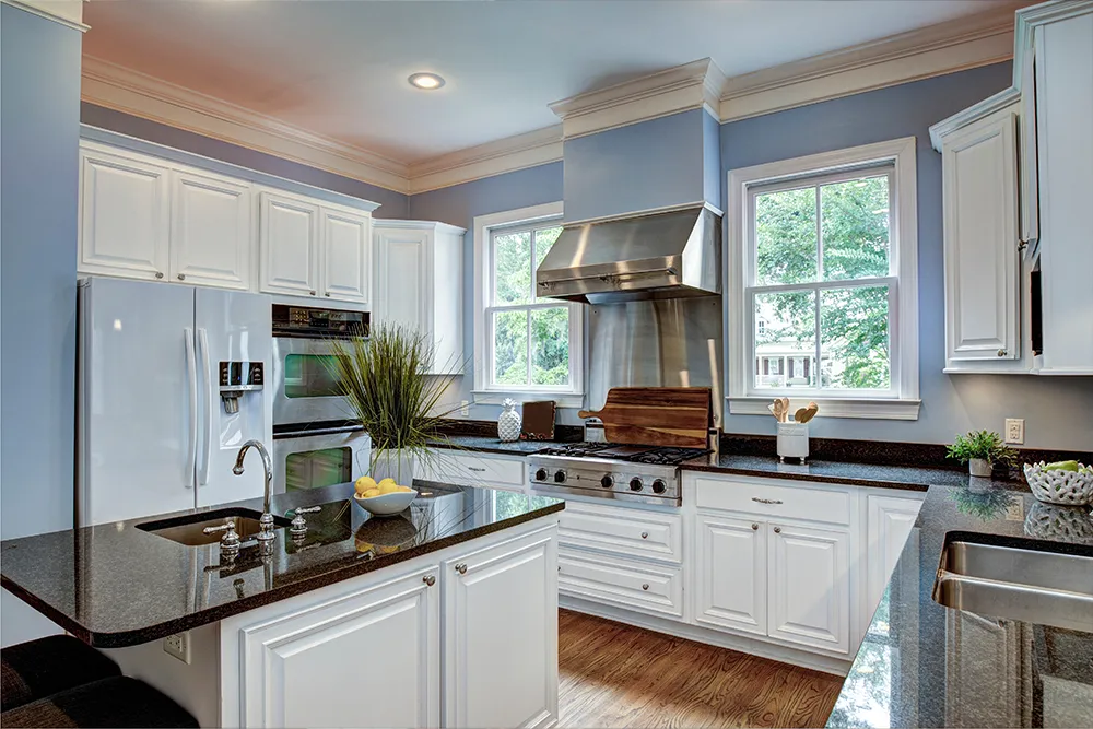 Image of a blue modern kitchen with appliances