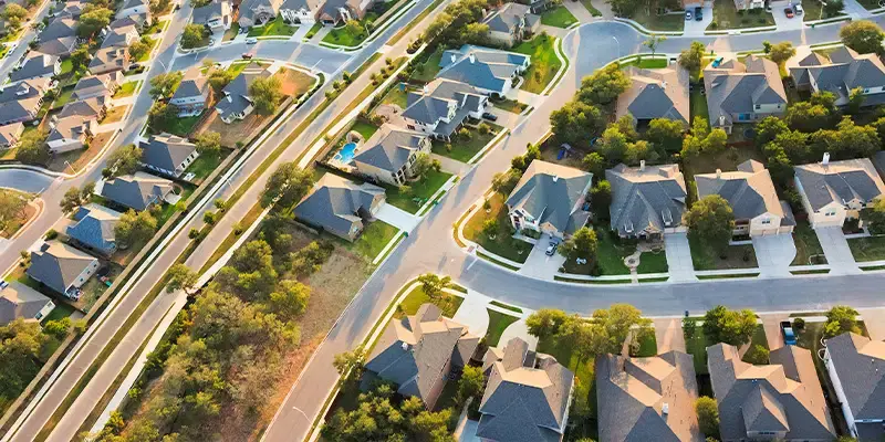 Aerial view of neighborhood houses