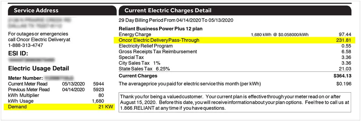 Reliant Buiness Power Plus 12 plan example bill