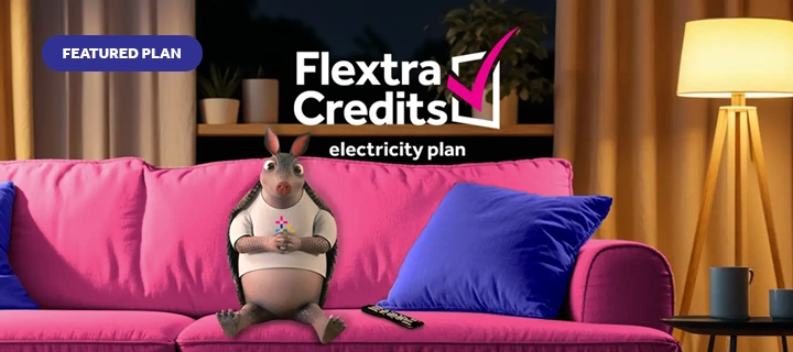 Hugo sitting on couch with remote and Flextra Credits electricity plan