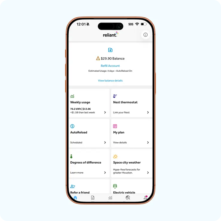 Reliant app phone screen showing balance