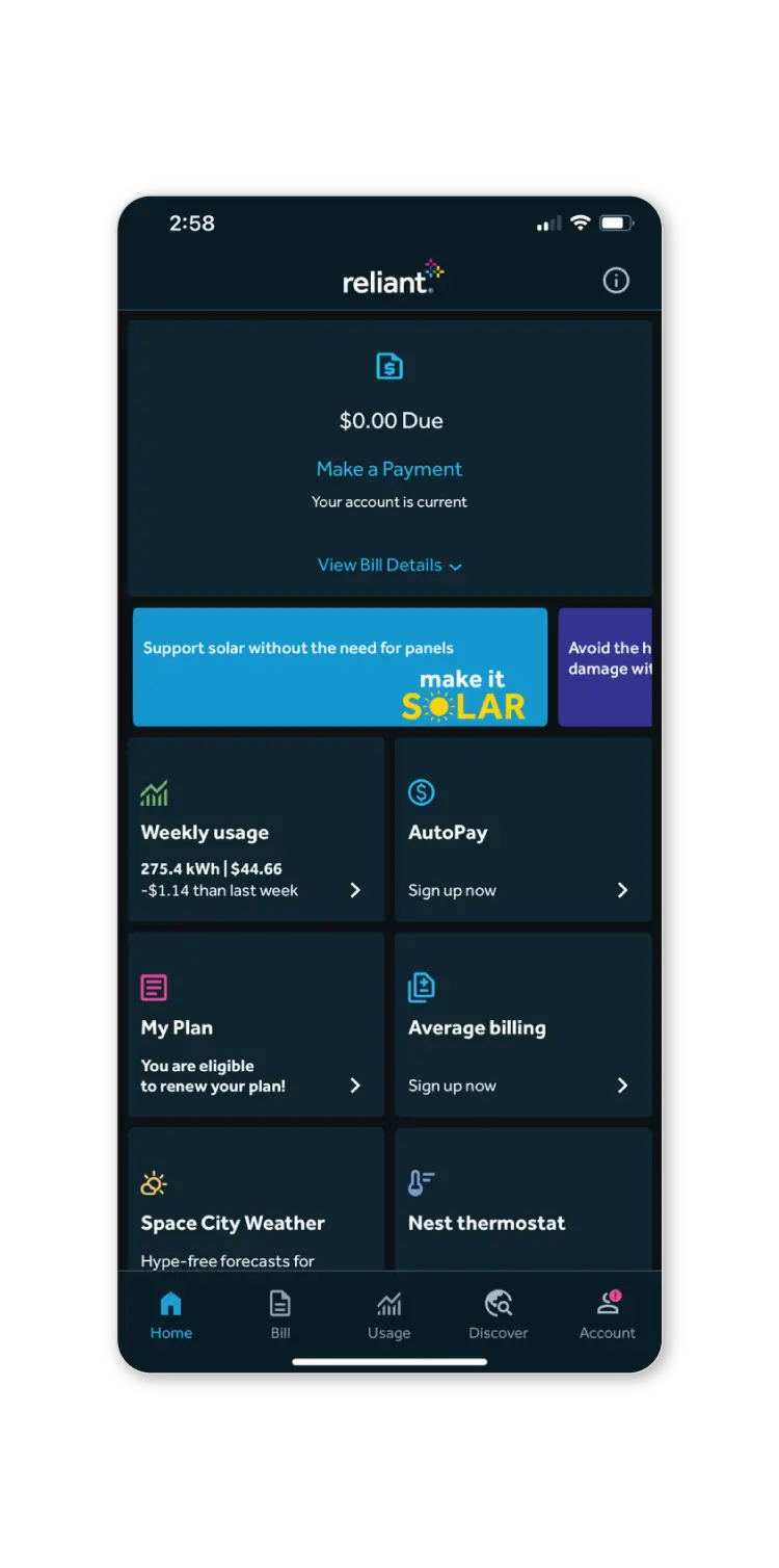 Phone view of the Reliant app interface