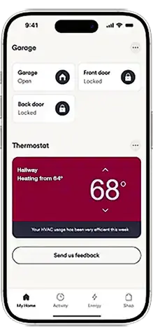 Control Vivint app screen showing themostate heating