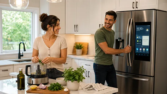 Woman preparing food with a food processor and man looking inside refrigerator