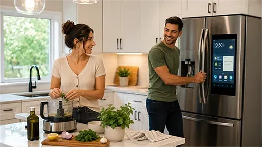 Woman preparing food with a food processor and man looking inside refrigerator