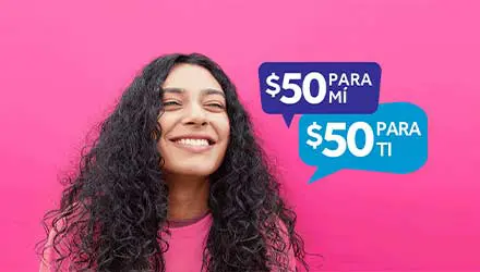 Woman smiling and promoting the 50/50 Reliant plan
