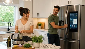Woman preparing food with a food processor and man looking inside refrigerator